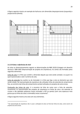 29 
 
A figura seguinte mostra um exemplo de hachuras com dimensões desproporcionais (esquerda) e 
proporcionais (direita). 
 
 
 
3.1.3.9 Cotas e referências de nível 
As cotas ou dimensionamentos seguem as determinações da NBR 10126 (Cotagem em desenho 
técnico) e NBR 6492 (Representação de projetos de arquitetura). As contas são formadas pelos 
seguintes elementos: 
Linha de cota: é a linha que contém a dimensão daquilo que está sendo contado e na qual é na 
qual é posicionado o valor numérico da cota. 
Linha de extensão (ou auxiliar ou de chamada): é a linha que liga a cota ao elemento que está 
sendo cotado. Na representação de arquitetura são utilizadas linhas de extensão de comprimento 
fixo, ao contrário das linhas de comprimento variável utilizadas em projetos de outras áreas. 
Finalização  das  linhas  de  cota:  é  o  encontro  da  linha  de  conta  com  a  linha  de  extensão. 
Usualmente  na  representação  dos  projetos  de  arquitetura  as  linhas  de  cota  e  de  extensão  se 
cruzam e  são  adotados  pequenos  traços  inclinados  a  45º  ou  pontos  (com  uma  espessura  mais 
grossa que as linhas de cotas e chamadas) neste cruzamento2
.  
A figura seguinte mostra uma cota com seus elementos. 
                                                       
2
 Na representação de arquitetura não é usual a utilização de setas ao final das linhas de cotas, como ocorre em 
projetos de outras áreas.  
 