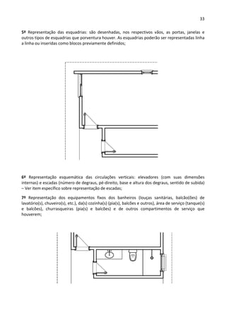 33 
 
5º  Representação  das  esquadrias:  são  desenhadas,  nos  respectivos  vãos,  as  portas,  janelas  e 
outros tipos de esquadrias que porventura houver. As esquadrias poderão ser representadas linha 
a linha ou inseridas como blocos previamente definidos; 
 
 
 
6º  Representação  esquemática  das  circulações  verticais:  elevadores  (com  suas  dimensões 
internas) e escadas (número de degraus, pé‐direito, base e altura dos degraus, sentido de subida) 
– Ver item específico sobre representação de escadas; 
7º  Representação  dos  equipamentos  fixos  dos  banheiros  (louças  sanitárias,  balcão(ões)  de 
lavatório(s), chuveiro(s), etc.), da(s) cozinha(s) (pia(s), balcões e outros), área de serviço (tanque(s) 
e  balcões),  churrasqueiras  (pia(s)  e  balcões)  e  de  outros  compartimentos  de  serviço  que 
houverem; 
 
 
 
 