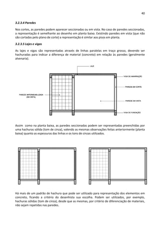 40 
 
3.2.3.4 Paredes 
Nos cortes, as paredes podem aparecer seccionadas ou em vista. No caso de paredes seccionadas, 
a representação é semelhante ao desenho em planta baixa. Existindo paredes em vista (que não 
são cortadas pelo plano de corte) a representação é similar aos pisos em planta. 
3.2.3.5 Lajes e vigas 
As  lajes  e  vigas  são  representadas  através  de  linhas  paralelas  em  traço  grosso,  devendo  ser 
hachuradas para indicar a diferença de material (concreto) em relação às paredes (geralmente 
alvenaria). 
 
Assim  como na planta baixa, as paredes seccionadas podem ser representadas preenchidas por 
uma hachuras sólida (tom de cinza), valendo as mesmas observações feitas anteriormente (planta 
baixa) quanto as espessuras das linhas e os tons de cinzas utilizados.  
 
 
Há mais de um padrão de hachura que pode ser utilizado para representação dos elementos em 
concreto,  ficando  a  critério  do  desenhista  sua  escolha.  Podem  ser  utilizados,  por  exemplo, 
hachuras sólidas (tom de cinza), desde que as mesmas, por critério de diferenciação de materiais, 
não sejam repetidas nas paredes. 
 