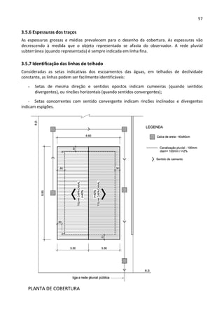 57 
 
3.5.6 Espessuras dos traços 
As  espessuras  grossas  e  médias  prevalecem  para  o  desenho  da  cobertura.  As  espessuras  vão 
decrescendo  à  medida  que  o  objeto  representado  se  afasta  do  observador.  A  rede  pluvial 
subterrânea (quando representada) é sempre indicada em linha fina. 
3.5.7 Identificação das linhas do telhado 
Consideradas  as  setas  indicativas  dos  escoamentos  das  águas,  em  telhados  de  declividade 
constante, as linhas podem ser facilmente identificáveis: 
- Setas  de  mesma  direção  e  sentidos  opostos  indicam  cumeeiras  (quando  sentidos 
divergentes), ou rincões horizontais (quando sentidos convergentes); 
‐  Setas  concorrentes  com  sentido  convergente  indicam  rincões  inclinados  e  divergentes 
indicam espigões. 
 
PLANTA DE COBERTURA 
 