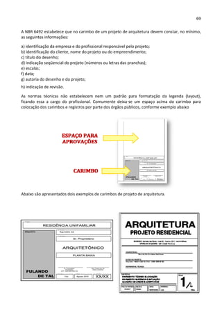 69 
 
A NBR 6492 estabelece que no carimbo de um projeto de arquitetura devem constar, no mínimo, 
as seguintes informações: 
a) identificação da empresa e do profissional responsável pelo projeto; 
b) identificação do cliente, nome do projeto ou do empreendimento; 
c) título do desenho; 
d) indicação seqüencial do projeto (números ou letras das pranchas); 
e) escalas; 
f) data; 
g) autoria do desenho e do projeto; 
h) indicação de revisão. 
As  normas  técnicas  não  estabelecem  nem  um  padrão  para  formatação  da  legenda  (layout), 
ficando  essa  a  cargo  do  profissional.  Comumente  deixa‐se  um  espaço  acima  do  carimbo  para 
colocação dos carimbos e registros por parte dos órgãos públicos, conforme exemplo abaixo 
 
 
Abaixo são apresentados dois exemplos de carimbos de projeto de arquitetura. 
 
 
 
 
 
 
 
 
 
 
 
 
 
 
 
 
 
 