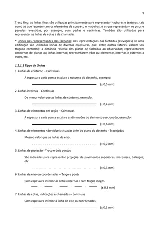 9 
 
Traço fino: as linhas finas são utilizadas principalmente para representar hachuras e texturas, tais 
como as que representam os elementos de concreto e madeiras, e as que representam os pisos e 
paredes  revestidas,  por  exemplo,  com  pedras  e  cerâmicas.  Também  são  utilizadas  para 
representar as linhas de cotas e de chamadas.  
* Linhas nas representações das fachadas: nas representações das fachadas (elevações) de uma 
edificação  são  utilizadas  linhas  de  diversas  espessuras,  que,  entre  outros  fatores,  variam  seu 
traçado  conforme:  a  distância  relativa  dos  planos  de  fachadas  ao  observador;  representarem 
contornos de planos ou linhas internas; representarem vãos ou elementos internos e externos a 
esses, etc.  
1.2.1.1 Tipos de Linhas 
1. Linhas de contorno – Contínuas 
A espessura varia com a escala e a natureza do desenho, exemplo: 
(± 0,5 mm)   
2. Linhas internas – Contínuas 
De menor valor que as linhas de contorno, exemplo: 
(± 0,4 mm) 
3. Linhas de elementos em seção – Contínuas 
A espessura varia com a escala e as dimensões do elemento seccionado, exemplo: 
(± 0,6 mm) 
4. Linhas de elementos não visíveis situadas além do plano do desenho ‐ Tracejadas 
Mesmo valor que as linhas de eixo. 
(± 0,2 mm) 
5. Linhas de projeção ‐ Traço e dois pontos 
São indicadas para representar projeções de pavimentos superiores, marquises, balanços, 
etc. 
(± 0,3 mm) 
6. Linhas de eixo ou coordenadas – Traço e ponto 
Com espessura inferior às linhas internas e com traços longos. 
 (± 0,3 mm) 
7. Linhas de cotas, indicações e chamadas – contínuas 
Com espessura inferior à linha de eixo ou coordenadas 
(± 0,1 mm) 
 