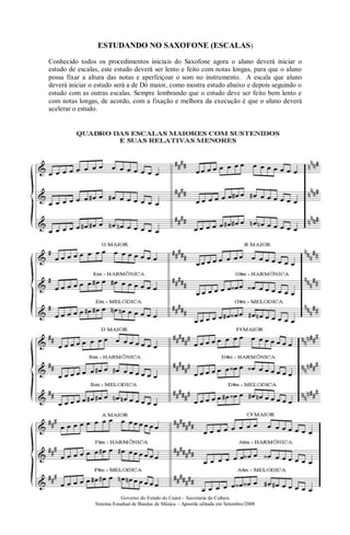 Governo do Estado do Ceará – Secretaria da Cultura
Sistema Estadual de Bandas de Música – Apostila editada em Setembro/2008
ESTUDANDO NO SAXOFONE (ESCALAS)
Conhecido todos os procedimentos iniciais do Saxofone agora o aluno deverá iniciar o
estudo de escalas, este estudo deverá ser lento e feito com notas longas, para que o aluno
possa fixar a altura das notas e aperfeiçoar o som no instrumento. A escala que aluno
deverá iniciar o estudo será a de Dó maior, como mostra estudo abaixo e depois seguindo o
estudo com as outras escalas. Sempre lembrando que o estudo deve ser feito bem lento e
com notas longas, de acordo, com a fixação e melhora da execução é que o aluno deverá
acelerar o estudo.
 