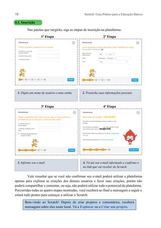 18 Scratch: Guia Prático para a Educação Básica
4.1. Inscrição
Nas janelas que surgirão, siga as etapas de inscrição na plataforma:
1ª Etapa 2ª Etapa
3ª Etapa 4ª Etapa
Vale ressaltar que se você não confirmar seu e-mail poderá utilizar a plataforma
apenas para explorar as criações dos demais usuários e fazer suas criações, porém não
poderá compartilhar e comentar, ou seja, não poderá utilizar todo o potencial da plataforma.
Percorridas todas as quatro etapas mostradas, você receberá ao final a mensagem a seguir e
estará tudo pronto para começar a utilizar o Scratch:
Bem-vindo ao Scratch! Depois de criar projetos e comentários, receberá
mensagens sobre eles neste local. Vá a Explorar ou a Criar um projeto.
1. Digite um nome de usuário e uma senha 2. Preencha suas informações pessoais
3. Informe seu e-mail 4. Vá até seu e-mail informado e confirme-o
no link que vai receber do Scratch.
seu@e-mail
<SEU NOME>
 