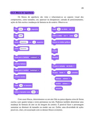 25
4.6.3. Blocos de Aparência
Os blocos de aparência são vinte e relacionam-se ao aspecto visual dos
componentes, como tamanho, cor, aparecer ou desaparecer, camada de posicionamento,
ações de fala escrita e mudanças de fantasia ou de cenário. Observe-os:
Com esses blocos, determinamos se um ator fala ou pensa alguma coisa de forma
escrita e por quanto tempo o texto permanece na tela. Podemos também determinar uma
mudança de fantasia do ator ou da imagem do cenário. É possível fazer o personagem
aumentar ou diminuir de tamanho ou mudar sua cor. Enfim, uma diversidade de ações
possíveis, claro, em associação com os demais blocos existentes.
 