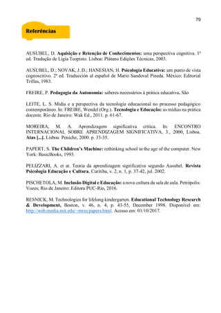 79
Referências
AUSUBEL, D. Aquisição e Retenção de Conhecimentos: uma perspectiva cognitiva. 1ª
ed. Tradução de Lígia Teopisto. Lisboa: Plátano Edições Técnicas, 2003.
AUSUBEL, D.; NOVAK, J. D.; HANESIAN, H. Psicología Educativa: um punto de vista
cognoscitivo. 2ª ed. Traducción al español de Mario Sandoval Pineda. México: Editorial
Trillas, 1983.
FREIRE, P. Pedagogia da Autonomia: saberes necessários à prática educativa. São
LEITE, L. S. Mídia e a perspectiva da tecnologia educacional no processo pedagógico
contemporâneo. In: FREIRE, Wendel (Org.). Tecnologia e Educação: as mídias na prática
docente. Rio de Janeiro: Wak Ed., 2011. p. 61-67.
MOREIRA, M. A. Aprendizagem significativa crítica. In: ENCONTRO
INTERNACIONAL SOBRE APRENDIZAGEM SIGNIFICATIVA, 3., 2000, Lisboa.
Atas [...]. Lisboa: Peniche, 2000. p. 33-35.
PAPERT, S. The Children’s Machine: rethinking school in the age of the computer. New
York: BasicBooks, 1993.
PELIZZARI, A. et at. Teoria da aprendizagem significativa segundo Ausubel. Revista
Psicologia Educação e Cultura, Curitiba, v. 2, n. 1, p. 37-42, jul. 2002.
PISCHETOLA, M. Inclusão Digital e Educação: a nova cultura da sala de aula. Petrópolis:
Vozes; Rio de Janeiro: Editora PUC-Rio, 2016.
RESNICK, M. Technologies for lifelong kindergarten. Educational Technology Research
& Development, Boston, v. 46, n. 4, p. 43-55, December 1998. Disponível em:
http://web.media.mit.edu/~mres/papers.html. Acesso em: 01/10/2017.
 