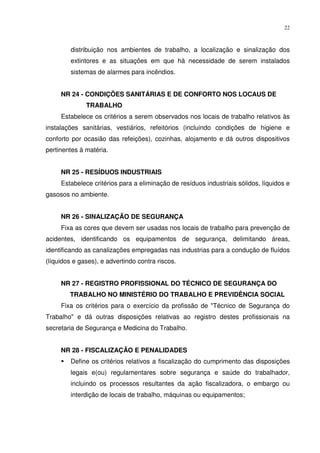 22



        distribuição nos ambientes de trabalho, a localização e sinalização dos
        extintores e as situações em que há necessidade de serem instalados
        sistemas de alarmes para incêndios.


     NR 24 - CONDIÇÕES SANITÁRIAS E DE CONFORTO NOS LOCAUS DE
              TRABALHO
     Estabelece os critérios a serem observados nos locais de trabalho relativos às
instalações sanitárias, vestiários, refeitórios (incluindo condições de higiene e
conforto por ocasião das refeições), cozinhas, alojamento e dá outros dispositivos
pertinentes à matéria.


     NR 25 - RESÍDUOS INDUSTRIAIS
     Estabelece critérios para a eliminação de resíduos industriais sólidos, líquidos e
gasosos no ambiente.


     NR 26 - SINALIZAÇÃO DE SEGURANÇA
     Fixa as cores que devem ser usadas nos locais de trabalho para prevenção de
acidentes, identificando os equipamentos de segurança, delimitando áreas,
identificando as canalizações empregadas nas industrias para a condução de fluídos
(líquidos e gases), e advertindo contra riscos.


     NR 27 - REGISTRO PROFISSIONAL DO TÉCNICO DE SEGURANÇA DO
        TRABALHO NO MINISTÉRIO DO TRABALHO E PREVIDÊNCIA SOCIAL
     Fixa os critérios para o exercício da profissão de "Técnico de Segurança do
Trabalho" e dá outras disposições relativas ao registro destes profissionais na
secretaria de Segurança e Medicina do Trabalho.


     NR 28 - FISCALIZAÇÃO E PENALIDADES
        Define os critérios relativos a fiscalização do cumprimento das disposições
        legais e(ou) regulamentares sobre segurança e saúde do trabalhador,
        incluindo os processos resultantes da ação fiscalizadora, o embargo ou
        interdição de locais de trabalho, máquinas ou equipamentos;
 