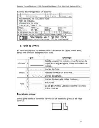 Desenho Técnico Mecânico – IFES –Campus São Mateus – Prof. João Paulo Barbosa, M. Sc. 
11 
Exemplo de uma legenda de um desenho: 
3. Tipos de Linhas 
As linhas empregadas no desenho técnico dividem-se em: grosa, media e fina, 
sendo uma a metade da espessura da outra. 
Exemplos de Linhas: 
Linhas para arestas e contornos visíveis são de espessura grossa e de traço 
continuo. 
 
