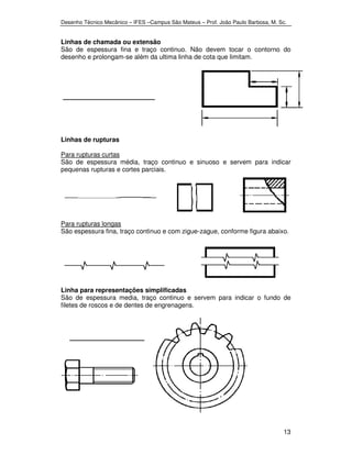 Desenho Técnico Mecânico – IFES –Campus São Mateus – Prof. João Paulo Barbosa, M. Sc. 
Linhas de chamada ou extensão 
São de espessura fina e traço continuo. Não devem tocar o contorno do 
desenho e prolongam-se além da ultima linha de cota que limitam. 
Linhas de rupturas 
Para rupturas curtas 
São de espessura média, traço continuo e sinuoso e servem para indicar 
pequenas rupturas e cortes parciais. 
Para rupturas longas 
São espessura fina, traço continuo e com zigue-zague, conforme figura abaixo. 
Linha para representações simplificadas 
São de espessura media, traço continuo e servem para indicar o fundo de 
filetes de roscos e de dentes de engrenagens. 
13 
 