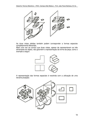 Desenho Técnico Mecânico – IFES –Campus São Mateus – Prof. João Paulo Barbosa, M. Sc. 
As duas vistas obtidas também podem corresponder a formas espaciais 
completamente diferentes. 
Mais uma vez se conclui que duas vistas, apesar de representarem as três 
dimensões do objeto, não garantem a representação da forma da peça, como o 
exemplo a seguir. 
A representação das formas espaciais é resolvida com a utilização de uma 
terceira projeção. 
18 
 