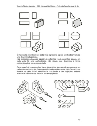 Desenho Técnico Mecânico – IFES –Campus São Mateus – Prof. João Paulo Barbosa, M. Sc. 
É importante considerar que cada vista representa a peça sendo observada de 
uma determinada posição. 
Nas projeções ortogonais, apesar de estarmos vendo desenhos planos, em 
cada vista há uma profundidade, não visível, que determina a forma 
tridimensional da peça representada. 
Cada superfície que compõe a forma espacial da peça estará representada em 
cada uma das três projeções ortogonais, onde os planos que compõem a forma 
espacial da peça foram identificados com letras e nas projeções pode-se 
analisar os rebatimentos de cada um destes planos. 
19 
 
