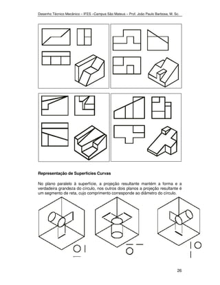 Desenho Técnico Mecânico – IFES –Campus São Mateus – Prof. João Paulo Barbosa, M. Sc. 
26 
Representação de Superfícies Curvas 
No plano paralelo à superfície, a projeção resultante mantém a forma e a 
verdadeira grandeza do círculo, nos outros dois planos a projeção resultante é 
um segmento de reta, cujo comprimento corresponde ao diâmetro do círculo. 
 