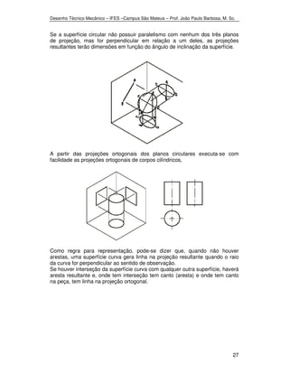 Desenho Técnico Mecânico – IFES –Campus São Mateus – Prof. João Paulo Barbosa, M. Sc. 
Se a superfície circular não possuir paralelismo com nenhum dos três planos 
de projeção, mas for perpendicular em relação a um deles, as projeções 
resultantes terão dimensões em função do ângulo de inclinação da superfície. 
A partir das projeções ortogonais dos planos circulares executa-se com 
facilidade as projeções ortogonais de corpos cilíndricos, 
Como regra para representação, pode-se dizer que, quando não houver 
arestas, uma superfície curva gera linha na projeção resultante quando o raio 
da curva for perpendicular ao sentido de observação. 
Se houver interseção da superfície curva com qualquer outra superfície, haverá 
aresta resultante e, onde tem interseção tem canto (aresta) e onde tem canto 
na peça, tem linha na projeção ortogonal. 
27 
 