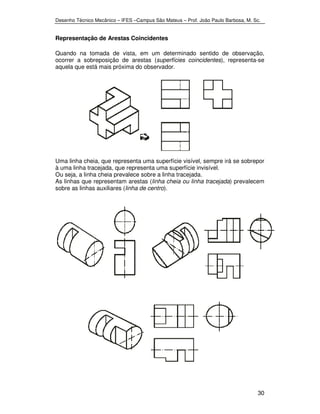 Desenho Técnico Mecânico – IFES –Campus São Mateus – Prof. João Paulo Barbosa, M. Sc. 
30 
Representação de Arestas Coincidentes 
Quando na tomada de vista, em um determinado sentido de observação, 
ocorrer a sobreposição de arestas (superfícies coincidentes), representa-se 
aquela que está mais próxima do observador. 
Uma linha cheia, que representa uma superfície visível, sempre irá se sobrepor 
à uma linha tracejada, que representa uma superfície invisível. 
Ou seja, a linha cheia prevalece sobre a linha tracejada. 
As linhas que representam arestas (linha cheia ou linha tracejada) prevalecem 
sobre as linhas auxiliares (linha de centro). 
 