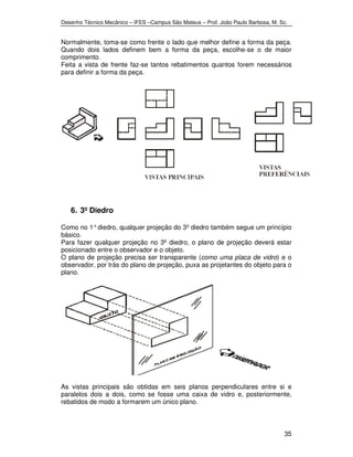 Desenho Técnico Mecânico – IFES –Campus São Mateus – Prof. João Paulo Barbosa, M. Sc. 
Normalmente, toma-se como frente o lado que melhor define a forma da peça. 
Quando dois lados definem bem a forma da peça, escolhe-se o de maior 
comprimento. 
Feita a vista de frente faz-se tantos rebatimentos quantos forem necessários 
para definir a forma da peça. 
35 
6. 3º Diedro 
Como no 1° diedro, qualquer projeção do 3º diedro também segue um princípio 
básico. 
Para fazer qualquer projeção no 3º diedro, o plano de projeção deverá estar 
posicionado entre o observador e o objeto. 
O plano de projeção precisa ser transparente (como uma placa de vidro) e o 
observador, por trás do plano de projeção, puxa as projetantes do objeto para o 
plano. 
As vistas principais são obtidas em seis planos perpendiculares entre si e 
paralelos dois a dois, como se fosse uma caixa de vidro e, posteriormente, 
rebatidos de modo a formarem um único plano. 
 