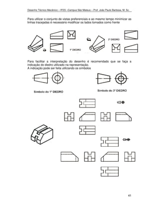 Desenho Técnico Mecânico – IFES –Campus São Mateus – Prof. João Paulo Barbosa, M. Sc. 
Para utilizar o conjunto de vistas preferenciais e ao mesmo tempo minimizar as 
linhas tracejadas é necessário modificar os lados tomados como frente 
Para facilitar a interpretação do desenho é recomendado que se faça a 
indicação do diedro utilizado na representação. 
A indicação pode ser feita utilizando os símbolos 
41 
 