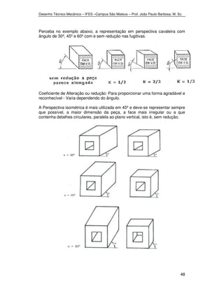 Desenho Técnico Mecânico – IFES –Campus São Mateus – Prof. João Paulo Barbosa, M. Sc. 
Perceba no exemplo abaixo, a representação em perspectiva cavaleira com 
ângulo de 30º, 45º e 60º com e sem redução nas fugitivas. 
Coeficiente de Alteração ou redução: Para proporcionar uma forma agradável e 
reconhecível - Varia dependendo do ângulo. 
A Perspectiva isométrica é mais utilizada em 45º e deve-se representar sempre 
que possível, a maior dimensão da peça, a face mais irregular ou a que 
contenha detalhes circulares, paralela ao plano vertical, isto é, sem redução. 
48 
 