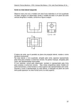 Desenho Técnico Mecânico – IFES –Campus São Mateus – Prof. João Paulo Barbosa, M. Sc. 
57 
Corte na vista lateral esquerda 
Observe mais uma vez o modelo com dois furos redondos e um furo quadrado 
na base. Imagine um observador vendo o modelo de lado e um plano de corte 
vertical atingindo o modelo, conforme a figura a seguir. 
O plano de corte, que é paralelo ao plano de projeção lateral, recebe o nome 
de plano transversal. 
Na vista lateral, o furo quadrado, atingido pelo corte, aparece representado 
pela linha para arestas e contornos visíveis. As partes maciças, atingidas pelo 
corte, são representadas hachuradas. 
O furo redondo, visível pelo observador, também é representado pela linha 
para arestas e contornos visíveis. Nas vistas ortográficas deste modelo em 
corte transversal, a vista frontal e a vista superior são representadas sem corte. 
Quando o corte é representado na vista lateral, a indicação do plano de corte 
tanto pode aparecer na vista frontal como na vista superior. 
 