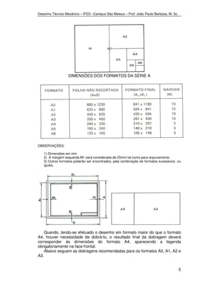 Desenho Técnico Mecânico – IFES –Campus São Mateus – Prof. João Paulo Barbosa, M. Sc. 
5 
DIMENSÕES DOS FORMATOS DA SÉRIE A 
OBSERVAÇÕES: 
1) Dimensões em mm 
2) A margem esquerda M1 será considerada de 25mm tal como para arquivamento. 
3) Outros formatos poderão ser encontrados, pela combinação de formatos sucessivos ou 
iguais. 
Quando, tendo-se efetuado o desenho em formato maior do que o formato 
A4, houver necessidade de dobrá-lo, o resultado final da dobragem deverá 
corresponder às dimensões do formato A4, aparecendo a legenda 
obrigatoriamente na face frontal. 
Abaixo seguem as dobragens recomendadas para os formatos A0, A1, A2 e 
A3. 
 