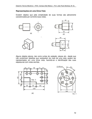 Desenho Técnico Mecânico – IFES –Campus São Mateus – Prof. João Paulo Barbosa, M. Sc. 
Representações em uma Única Vista 
Existem objetos que pela simplicidade de suas formas são plenamente 
caracterizados por somente duas vistas. 
Alguns objetos planos, tais como juntas de vedação, placas etc., desde que 
não contenham detalhes que necessitem de mais de uma vista, podem ser 
representados em uma única vista, fazendo-se a identificação das suas 
espessuras com notas escritas. 
72 
 
