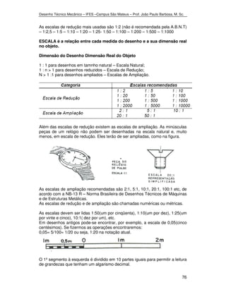 Desenho Técnico Mecânico – IFES –Campus São Mateus – Prof. João Paulo Barbosa, M. Sc. 
As escalas de redução mais usadas são 1:2 (não é recomendada pela A.B.N.T) 
– 1:2,5 – 1:5 – 1:10 – 1:20 – 1:25- 1:50 – 1:100 – 1:200 – 1:500 – 1:1000 
ESCALA é a relação entre cada medida do desenho e a sua dimensão real 
no objeto. 
Dimensão do Desenho Dimensão Real do Objeto 
1 : 1 para desenhos em tamnho natural – Escala Natural; 
1 : n > 1 para desenhos reduzidos – Escala de Redução; 
N > 1 :1 para desenhos ampliados – Escalas de Ampliação. 
Além das escalas de redução existem as escalas de ampliação. As minúsculas 
peças de um relógio não podem ser desenhadas na escala natural e, muito 
menos, em escala de redução. Eles terão de ser ampliadas, como na figura. 
As escalas de ampliação recomendadas são 2:1, 5:1, 10:1, 20:1, 100:1 etc, de 
acordo com a NB-13 R – Norma Brasileira de Desenhos Técnicos de Máquinas 
e de Estruturas Metálicas. 
As escalas de redução e de ampliação são chamadas numéricas ou métricas. 
As escalas devem ser lidas 1:50(um por cinqüenta), 1:10(um por dez), 1:25(um 
por vinte e cinco), 10:1( dez por um), etc. 
Em desenhos antigos pode-se encontrar, por exemplo, a escala de 0,05(cinco 
centésimos). Se fizermos as operações encontraremos: 
0,05= 5/100= 1/20 ou seja, 1:20 na notação atual. 
O 1º segmento à esquerda é dividido em 10 partes iguais para permitir a leitura 
de grandezas que tenham um algarismo decimal. 
76 
 