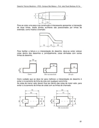 Desenho Técnico Mecânico – IFES –Campus São Mateus – Prof. João Paulo Barbosa, M. Sc. 
Para se cotar uma peça cuja construção é interessante apresentar a interseção 
de duas linhas, esses pontos auxiliares são posicionados por linhas de 
extensão, como mostra o exemplo: 
Para facilitar a leitura e a interpretação do desenho, deve-se evitar colocar 
cotas dentro dos desenhos e, principalmente, cotas alinhadas com outras 
linhas do desenho. 
Outro cuidado que se deve ter para melhorar a interpretação do desenho é 
evitar o cruzamento de linha da cota com qualquer outra linha. 
As cotas de menor valor devem ficar por dentro das cotas de maior valor, para 
evitar o cruzamento de linhas de cotas com as linhas de chamada. 
81 
 