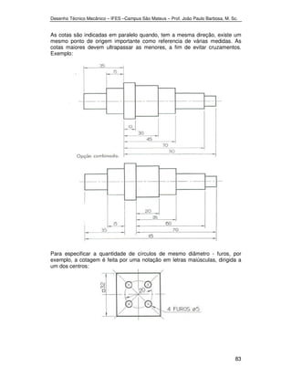 Desenho Técnico Mecânico – IFES –Campus São Mateus – Prof. João Paulo Barbosa, M. Sc. 
As cotas são indicadas em paralelo quando, tem a mesma direção, existe um 
mesmo ponto de origem importante como referencia de várias medidas. As 
cotas maiores devem ultrapassar as menores, a fim de evitar cruzamentos. 
Exemplo: 
Para especificar a quantidade de círculos de mesmo diâmetro - furos, por 
exemplo, a cotagem é feita por uma notação em letras maiúsculas, dirigida a 
um dos centros: 
83 
 
