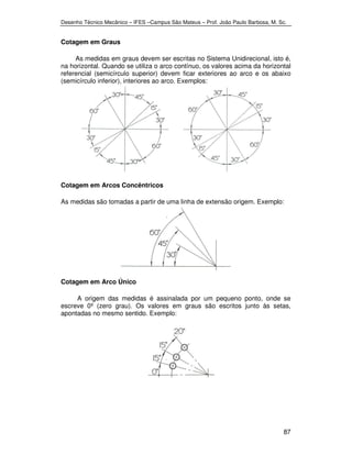 Desenho Técnico Mecânico – IFES –Campus São Mateus – Prof. João Paulo Barbosa, M. Sc. 
87 
Cotagem em Graus 
As medidas em graus devem ser escritas no Sistema Unidirecional, isto é, 
na horizontal. Quando se utiliza o arco contínuo, os valores acima da horizontal 
referencial (semicírculo superior) devem ficar exteriores ao arco e os abaixo 
(semicírculo inferior), interiores ao arco. Exemplos: 
Cotagem em Arcos Concêntricos 
As medidas são tomadas a partir de uma linha de extensão origem. Exemplo: 
Cotagem em Arco Único 
A origem das medidas é assinalada por um pequeno ponto, onde se 
escreve 0º (zero grau). Os valores em graus são escritos junto às setas, 
apontadas no mesmo sentido. Exemplo: 
 