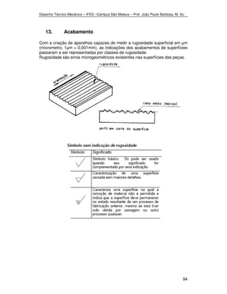 Desenho Técnico Mecânico – IFES –Campus São Mateus – Prof. João Paulo Barbosa, M. Sc. 
94 
13. Acabamento 
Com a criação de aparelhos capazes de medir a rugosidade superficial em μm 
(micrometro; 1μm = 0,001mm), as indicações dos acabamentos de superfícies 
passaram a ser representadas por classes de rugosidade. 
Rugosidade são erros microgeométricos existentes nas superfícies das peças. 
 