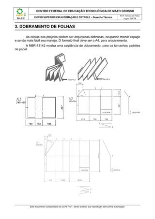 CENTRO FEDERAL DE EDUCAÇÃO TECNOLÓGICA DE MATO GROSSO
                                                                                                   Profº Fabiano de Pádua
             CURSO SUPERIOR EM AUTOMAÇÃO E COTROLE – Desenho Técnico
 DAE-E                                                                                                 Página 10/38



3. DOBRAMENTO DE FOLHAS

       As cópias dos projetos podem ser arquivadas dobradas, ocupando menor espaço
e sendo mais fácil seu manejo. O formato final deve ser o A4, para arquivamento.
       A NBR-13142 mostra uma seqüência de dobramento, para os tamanhos padrões
de papel.




         Este documento é propriedade do CEFET-MT, sendo proibida sua reprodução sem prévia autorização.
 