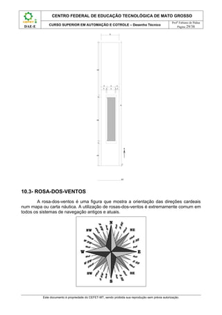 CENTRO FEDERAL DE EDUCAÇÃO TECNOLÓGICA DE MATO GROSSO
                                                                                                     Profº Fabiano de Pádua
              CURSO SUPERIOR EM AUTOMAÇÃO E COTROLE – Desenho Técnico
 DAE-E                                                                                                   Página 29/38

                                                                  1200




                                               1115
                                               1065
                                                       390               560      250
                                                      340    50          560   50 200




                                                50




                                                                                        2500
                                               885
                                               885
                                                50
                                               450
                                               500




                                                                                           A. P.




                                                                                          meio fio




10.3- ROSA-DOS-VENTOS
        A rosa-dos-ventos é uma figura que mostra a orientação das direções cardeais
num mapa ou carta náutica. A utilização de rosas-dos-ventos é extremamente comum em
todos os sistemas de navegação antigos e atuais.




          Este documento é propriedade do CEFET-MT, sendo proibida sua reprodução sem prévia autorização.
 