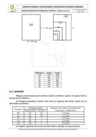 CENTRO FEDERAL DE EDUCAÇÃO TECNOLÓGICA DE MATO GROSSO
                                                                                                     Profº Fabiano de Pádua
               CURSO SUPERIOR EM AUTOMAÇÃO E COTROLE – Desenho Técnico
 DAE-E                                                                                                    Página 7/38




                                      Referência       X (mm)        Y (mm)
                                         2 A0           1189          1682
                                          A0             841          1189
                                          A1             594           841
                                          A2             420           594
                                          A3             297           420
                                          A4             210           297
                                          A5             148           210


2.5.1- MARGEM

       Margens são limitadas pelo contorno externo da folha e quadro. O quadro limita o
espaço para o desenho.
       As margens esquerda e direita, bem como as larguras das linhas, devem ter as
dimensões constantes.




         A margem esquerda serve para ser perfurada e utilizada no arquivamento.
           Este documento é propriedade do CEFET-MT, sendo proibida sua reprodução sem prévia autorização.
 