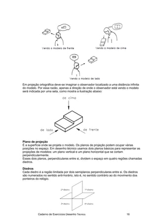 Caderno de Exercícios Desenho Técnico 16
Em projeção ortográfica deve-se imaginar o observador localizado a uma distância infinita
do modelo. Por essa razão, apenas a direção de onde o observador está vendo o modelo
será indicada por uma seta, como mostra a ilustração abaixo:
Plano de projeção
É a superfície onde se projeta o modelo. Os planos de projeção podem ocupar várias
posições no espaço. Em desenho técnico usamos dois planos básicos para representar as
projeções de modelos: um plano vertical e um plano horizontal que se cortam
perpendicularmente.
Esses dois planos, perpendiculares entre si, dividem o espaço em quatro regiões chamadas
diedros.
Diedros
Cada diedro é a região limitada por dois semiplanos perpendiculares entre si. Os diedros
são numerados no sentido anti-horário, isto é, no sentido contrário ao do movimento dos
ponteiros do relógio.
 