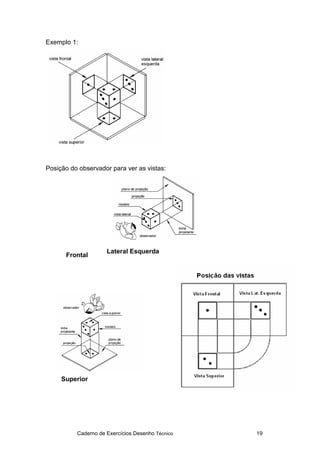Caderno de Exercícios Desenho Técnico 19
Exemplo 1:
Posição do observador para ver as vistas:
Frontal
Lateral Esquerda
Superior
 