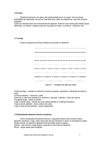 Caderno de Exercícios Desenho Técnico 7
1.6 Cores
Desenhos técnicos, em geral, são representados em cor preta. Com as atuais
facilidades de impressão, tornou-se mais fácil usar cores nos desenhos, mas não se deve
exagerar.
Cada cor utilizada deve ser mencionada em legenda. Pode-se usar cores para indicar peças
diferentes, ou indicar o estado atual de uma peça (a retirar, a construir, a demolir, etc).
1.7 Linhas
O tipo e espessura de linha indicam sua função no desenho
Contínua larga – arestas e contornos visíveis de peças, caracteres, indicação de corte ou
vista.
Contínua estreita – hachuras, cotas
Contínua a mão livre estreita (ou contínua e “zig-zag”, estreita) – linha de ruptura
Tracejada larga – lados invisíveis
Traço e ponto larga – planos de corte (extremidades e mudança de plano)
Traço e ponto estreita – eixos, planos de corte
Traço e dois pontos estreita – peças adjacentes
1.8 Entendendo desenho técnico mecânico
Como introdução ao desenho técnico, na grande maioria dos cursos é feita o
desenho mecânico. Logo, nada mais justo do que introduzir o aluno à nomeclatura usada.
Abaixo temos um pequeno glossário dos principais termos usados:
Aresta – reta comum a dois planos; equivale a uma linha no desenho.
Broca – peça usada para furações.
 