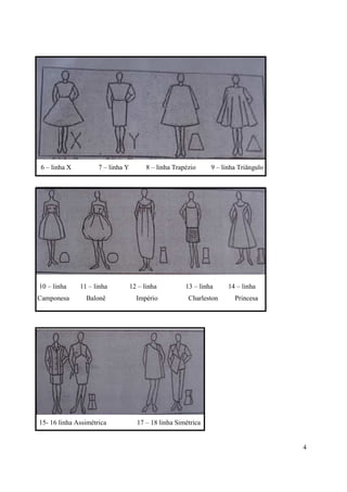 6 – linha X          7 – linha Y         8 – linha Trapézio     9 – linha Triângulo




10 – linha    11 – linha           12 – linha          13 – linha     14 – linha
Camponesa       Balonê               Império            Charleston      Princesa




15- 16 linha Assimétrica             17 – 18 linha Simétrica


                                                                                      4
 