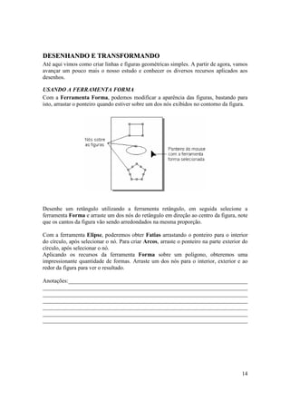 DESENHANDO E TRANSFORMANDO
Até aqui vimos como criar linhas e figuras geométricas simples. A partir de agora, vamos
avançar um pouco mais o nosso estudo e conhecer os diversos recursos aplicados aos
desenhos.

USANDO A FERRAMENTA FORMA
Com a Ferramenta Forma, podemos modificar a aparência das figuras, bastando para
isto, arrastar o ponteiro quando estiver sobre um dos nós exibidos no contorno da figura.




Desenhe um retângulo utilizando a ferramenta retângulo, em seguida selecione a
ferramenta Forma e arraste um dos nós do retângulo em direção ao centro da figura, note
que os cantos da figura vão sendo arredondados na mesma proporção.

Com a ferramenta Elipse, poderemos obter Fatias arrastando o ponteiro para o interior
do círculo, após selecionar o nó. Para criar Arcos, arraste o ponteiro na parte exterior do
círculo, após selecionar o nó.
Aplicando os recursos da ferramenta Forma sobre um polígono, obteremos uma
impressionante quantidade de formas. Arraste um dos nós para o interior, exterior e ao
redor da figura para ver o resultado.

Anotações:_______________________________________________________________
________________________________________________________________________
________________________________________________________________________
________________________________________________________________________
________________________________________________________________________
________________________________________________________________________
________________________________________________________________________




                                                                                        14
 