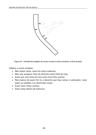 Apostila de Desenho Técnico Básico
46
Figura 50 - Exemplo de cotagem de curvas no qual o centro encontra-se fora da peça
Hábitos a serem evitados:
• Não repetir cotas, salvo em casos especiais;
• Não usar qualquer linha do desenho como linha de cota;
• Evitar que uma linha de cota corte uma linha auxiliar;
• Não esperar de quem for ler o desenho que faça somas e subtrações: cotar
todas as medidas e as dimensões totais;
• Evitar cotar linhas ocultas;
• Evitar cotas dentro de hachuras.
 