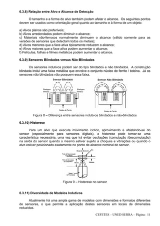 CEFETES – UNED SERRA – Página: 11
6.3.8) Relação entre Alvo e Alcance de Detecção
O tamanho e a forma do alvo também podem afetar o alcance. Os seguintes pontos
devem ser usados como orientação geral quanto ao tamanho e à forma de um objeto:
a) Alvos planos são preferíveis;
b) Alvos arredondados podem diminuir o alcance;
c) Materiais não-ferrosos normalmente diminuem o alcance (válido somente para as
versões de sensores que detectam todos os metais);
d) Alvos menores que a face ativa tipicamente reduzem o alcance;
e) Alvos maiores que a face ativa podem aumentar o alcance;
f) Películas, folhas e filmes metálicos podem aumentar o alcance.
6.3.9) Sensores Blindados versus Não-Blindados
Os sensores indutivos podem ser do tipo blindados e não blindados. A construção
blindada inclui uma faixa metálica que envolve o conjunto núcleo de ferrite / bobina. Já os
sensores não blindados não possuem essa faixa.
Figura 8 – Diferença entre sensores indutivos blindados e não-blindados
6.3.10) Histerese
Para um alvo que executa movimento cíclico, aproximando e afastando-se do
sensor (especialmente para sensores digitais), a histerese pode tornar-se uma
característica necessária, uma vez que irá evitar oscilações (comutação /descomutação)
na saída do sensor quando o mesmo estiver sujeito a choques e vibrações ou quando o
alvo estiver posicionado exatamente no ponto de alcance nominal do sensor.
Figura 9 – Histerese no sensor
6.3.11) Diversidade de Modelos Indutivos
Atualmente há uma ampla gama de modelos com dimensões e formatos diferentes
de sensores, o que permite a aplicação destes sensores em locais de dimensões
reduzidas.
 