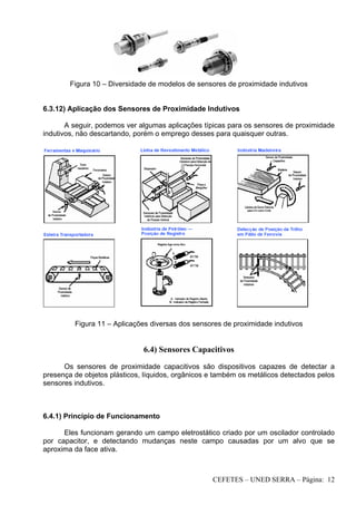 CEFETES – UNED SERRA – Página: 12
Figura 10 – Diversidade de modelos de sensores de proximidade indutivos
6.3.12) Aplicação dos Sensores de Proximidade Indutivos
A seguir, podemos ver algumas aplicações típicas para os sensores de proximidade
indutivos, não descartando, porém o emprego desses para quaisquer outras.
Figura 11 – Aplicações diversas dos sensores de proximidade indutivos
6.4) Sensores Capacitivos
Os sensores de proximidade capacitivos são dispositivos capazes de detectar a
presença de objetos plásticos, líquidos, orgânicos e também os metálicos detectados pelos
sensores indutivos.
6.4.1) Princípio de Funcionamento
Eles funcionam gerando um campo eletrostático criado por um oscilador controlado
por capacitor, e detectando mudanças neste campo causadas por um alvo que se
aproxima da face ativa.
 