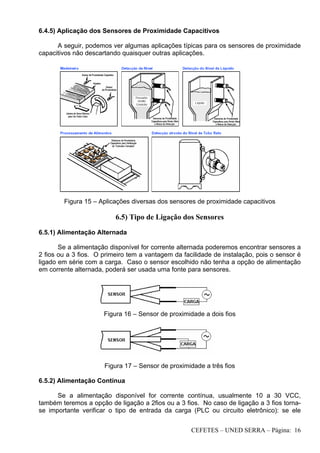 CEFETES – UNED SERRA – Página: 16
6.4.5) Aplicação dos Sensores de Proximidade Capacitivos
A seguir, podemos ver algumas aplicações típicas para os sensores de proximidade
capacitivos não descartando quaisquer outras aplicações.
Figura 15 – Aplicações diversas dos sensores de proximidade capacitivos
6.5) Tipo de Ligação dos Sensores
6.5.1) Alimentação Alternada
Se a alimentação disponível for corrente alternada poderemos encontrar sensores a
2 fios ou a 3 fios. O primeiro tem a vantagem da facilidade de instalação, pois o sensor é
ligado em série com a carga. Caso o sensor escolhido não tenha a opção de alimentação
em corrente alternada, poderá ser usada uma fonte para sensores.
Figura 16 – Sensor de proximidade a dois fios
Figura 17 – Sensor de proximidade a três fios
6.5.2) Alimentação Contínua
Se a alimentação disponível for corrente contínua, usualmente 10 a 30 VCC,
também teremos a opção de ligação a 2fios ou a 3 fios. No caso de ligação a 3 fios torna-
se importante verificar o tipo de entrada da carga (PLC ou circuito eletrônico): se ele
 
