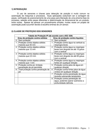 CEFETES – UNED SERRA – Página: 3
1) INTRODUÇÃO
O uso de sensores e chaves para detecção de posição é muito comum na
automação de máquinas e processos. Suas aplicações costumam ser a contagem de
peças, verificação de posicionamento de uma peça para liberação de uma próxima fase do
processo, seleção entre peças diferentes e determinação de dimensional de um produto,
entre outras. Apesar de parecer um procedimento simples, muitas vezes um projeto de
automação pode sucumbir devido à escolha errônea de um sensor.
2) CLASSE DE PROTEÇÃO DOS SENSORES
Tabela de Proteção IP (de acordo com a IEC 529)
Grau de proteção contra sólidos Grau de proteção contra líquidos
0 Sem proteção 0 Sem proteção
1 Proteção contra objetos sólidos
maiores que 50 mm
1 Proteção contra água na vertical ou
respingos leves
2 Proteção contra objetos sólidos
maiores que 12 mm
2 Proteção contra água ou respingos
leves com ângulos de até 15 graus
com a vertical
3 Proteção contra objetos sólidos
maiores que 2,5 mm
3 Proteção contra água ou respingos
leves com ângulos de até 60 graus
com a vertical
4 Proteção contra objetos sólidos
maiores que 1 mm
4 Proteção contra água ou respingos
fortes em qualquer direção
5 Proteção contra pó, limitada
penetração de pó permitida
5 Proteção contra jatos de água em
qualquer direção
6 Total proteção contra penetração de
pó
6 Proteção contra fortes jatos de água
vindos em qualquer direção
7 Proteção contra penetração de água
durante submersão temporária
8 Proteção contra penetração de
água, podendo operar submerso a
profundidade definida
 