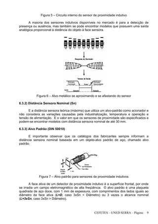 CEFETES – UNED SERRA – Página: 9
Figura 5 – Circuito interno do sensor de proximidade indutivo
A maioria dos sensores indutivos disponíveis no mercado é para a detecção de
presença ou ausência, mas também se pode encontrar modelos que possuem uma saída
analógica proporcional à distância do objeto à face sensora.
Figura 6 – Alvo metálico se aproximando e se afastando do sensor
6.3.2) Distância Sensora Nominal (Sn)
E a distância sensora teórica (máxima) que utiliza um alvo-padrão como acionador e
não considera as variações causadas pela industrialização, temperatura e operação e
tensão de alimentação. E o valor em que os sensores de proximidade são especificados e
podem-se encontrar modelos com distância sensora nominal de até 30 mm.
6.3.3) Alvo Padrão (DIN 50010)
E importante observar que os catálogos dos fabricantes sempre informam a
distância sensora nominal baseada em um objeto-alvo padrão de aço, chamado alvo
padrão.
Figura 7 – Alvo padrão para sensores de proximidade indutivos
A face ativa de um detector de proximidade indutivo é a superfície frontal, por onde
se irradia um campo eletromagnético de alta freqüência. O alvo padrão é uma plaqueta
quadrada de aço doce, com 1 mm de espessura, com comprimentos dos lados iguais ao
diâmetro da face ativa (L=D, caso 3xSn < Diâmetro) ou 3 vezes o alcance nominal
(L=3xSn, caso 3xSn > Diâmetro).
 