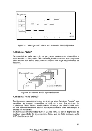 10
Figura 4.2 - Execução de 3 tarefas em um sistema multiprogramável
4.3 Sistemas "Batch"
Se caracterizam pela execução de programas previamente introduzidos e
armazenados no computador. Não há interação com o usuário e os programas
armazenados vão sendo executados na medida que haja disponibilidade de
recursos.
Figura 4.3 - Sistema "Batch" típico em cartões
4.4 Sistemas "Time Sharing"
Surgiram com o aparecimento dos terminais de vídeo (terminais "burros") que
permitiam ao usuário compartilhar à distância o uso dos recursos do
computador. Dessa forma o usuário acessa e interage com o computador tanto
na fase de desenvolvimento de suas aplicações como nas fases de execução e
análise dos resultados.
Os terminais eram chamados "burros" (padrão TTY) por serem disprovidos de
qualquer capacidade de processamento local, que era todo executado pela
UCP do sistema central.
Prof. Miguel Angel Márquez Galleguillos
 