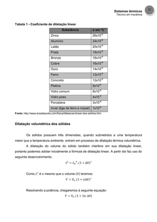 Sistemas térmicos
Técnico em mecânica
12
Tabela 1 - Coeficiente de dilatação linear
Substância α em ºC-1
Zinco 26x10-6
Alumínio 24x10-6
Latão 20x10-6
Prata 19x10-6
Bronze 18x10-6
Cobre 16x10-6
Ouro 14x10-6
Ferro 12x10-6
Concreto 12x10-6
Platina 9x10-6
Vidro comum 8x10-6
Vidro pirex 4x10-6
Porcelana 3x10-6
Invar (liga de ferro e níquel) 1x10-6
Fonte: http://www.brasilescola.com/fisica/dilatacao-linear-dos-solidos.htm
Dilatação volumétrica dos sólidos
Os sólidos possuem três dimensões, quando submetidos a uma temperatura
maior que a temperatura ambiente, entram em processo de dilatação térmica volumétrica.
A dilatação do volume do sólido também interfere em sua dilatação linear,
portanto podemos adotar inicialmente a fórmula de dilatação linear. A partir daí faz uso do
seguinte desenvolvimento.
Como é o mesmo que o volume (V) teremos:
Resolvendo a potência, chegaremos à seguinte equação:
 