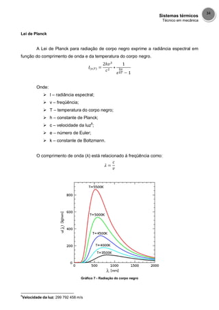 Sistemas térmicos
Técnico em mecânica
34
Lei de Planck
A Lei de Planck para radiação de corpo negro exprime a radiância espectral em
função do comprimento de onda e da temperatura do corpo negro.
Onde:
 I – radiância espectral;
 v – freqüência;
 T – temperatura do corpo negro;
 h – constante de Planck;
 c – velocidade da luz8
;
 e – número de Euler;
 k – constante de Boltzmann.
O comprimento de onda (λ) está relacionado à freqüência como:
Gráfico 7 - Radiação do corpo negro
8
Velocidade da luz: 299 792 458 m/s
 