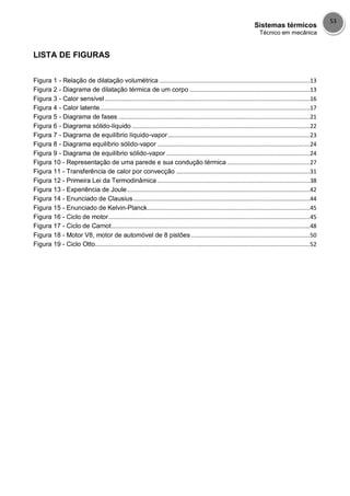 Sistemas térmicos
Técnico em mecânica
53
LISTA DE FIGURAS
Figura 1 - Relação de dilatação volumétrica .........................................................................................13
Figura 2 - Diagrama de dilatação térmica de um corpo .......................................................................13
Figura 3 - Calor sensível .........................................................................................................................16
Figura 4 - Calor latente............................................................................................................................17
Figura 5 - Diagrama de fases .................................................................................................................21
Figura 6 - Diagrama sólido-líquido .........................................................................................................22
Figura 7 - Diagrama de equilíbrio líquido-vapor....................................................................................23
Figura 8 - Diagrama equilíbrio sólido-vapor ..........................................................................................24
Figura 9 - Diagrama de equilíbrio sólido-vapor.....................................................................................24
Figura 10 - Representação de uma parede e sua condução térmica .................................................27
Figura 11 - Transferência de calor por convecção ...............................................................................31
Figura 12 - Primeira Lei da Termodinâmica ..........................................................................................38
Figura 13 - Experiência de Joule............................................................................................................42
Figura 14 - Enunciado de Clausius ........................................................................................................44
Figura 15 - Enunciado de Kelvin-Planck................................................................................................45
Figura 16 - Ciclo de motor.......................................................................................................................45
Figura 17 - Ciclo de Carnot.....................................................................................................................48
Figura 18 - Motor V8, motor de automóvel de 8 pistões ......................................................................50
Figura 19 - Ciclo Otto...............................................................................................................................52
 