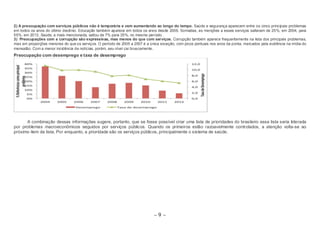 2) A preocupação com serviços públicos não é temporária e vem aumentando ao longo do tempo. Saúde e segurança aparecem entre os cinco principais problemas 
em todos os anos do último decênio. Educação também aparece em todos os anos desde 2006. Somadas, as menções a esses serviços saltaram de 25%, em 2004, para 
55%, em 2013. Saúde, a mais mencionada, saltou de 7% para 35%, no mesmo período. 
3) Preocupações com a corrupção são expressivas, mas menos do que com serviços. Corrupção também aparece frequentemente na lista dos principais problemas, 
mas em proporções menores do que os serviços. O período de 2005 a 2007 é a única exceção, com picos pontuais nos anos da ponta, marcados pela evidência na mídia do 
mensalão. Com a menor incidência de notícias, porém, seu nível cai bruscamente. 
Preocupação com desemprego e taxa de desemprego 
A combinação dessas informações sugere, portanto, que se fosse possível criar uma lista de prioridades do brasileiro essa lista seria liderada 
por problemas macroeconômicos seguidos por serviços públicos. Quando os primeiros estão razoavelmente controlados, a atenção volta-se ao 
próximo item da lista. Por enquanto, a prioridade são os serviços públicos, principalmente o sistema de saúde. 
~ 9 ~ 
 