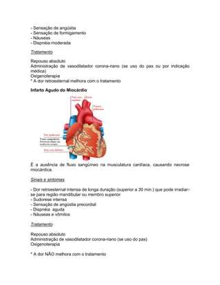 - Sensação de angústia
- Sensação de formigamento
- Náuseas
- Dispnéia moderada

Tratamento

Repouso absoluto
Administração de vasodilatador corona-riano (se uso do pax ou por indicação
médica)
Oxigenoterapia
* A dor retroesternal melhora com o tratamento

Infarto Agudo do Miocárdio




É a ausência de fluxo sangüíneo na musculatura cardíaca, causando necrose
miocárdica.

Sinais e sintomas

- Dor retroesternal intensa de longa duração (superior a 30 min.) que pode irradiar-
se para região mandibular ou membro superior
- Sudorese intensa
- Sensação de angústia precordial
- Dispnéia aguda
- Náuseas e vômitos

Tratamento

Repouso absoluto
Administração de vasodilatador corona-riano (se uso do pax)
Oxigenoterapia

* A dor NÃO melhora com o tratamento
 