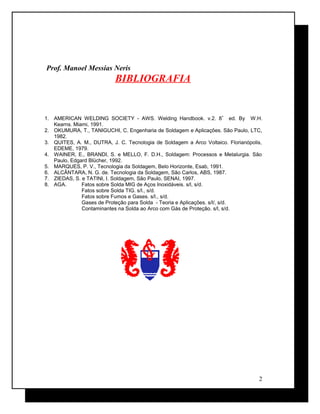 Prof. Manoel Messias Neris
BIBLIOGRAFIA
1. AMERICAN WELDING SOCIETY - AWS. Welding Handbook. v.2. 8ª
ed. By W.H.
Kearns. Miami, 1991.
2. OKUMURA, T., TANIGUCHI, C. Engenharia de Soldagem e Aplicações. São Paulo, LTC,
1982.
3. QUITES, A. M., DUTRA, J. C. Tecnologia de Soldagem a Arco Voltaico. Florianópolis,
EDEME, 1979.
4. WAINER, E., BRANDI, S. e MELLO, F. D.H., Soldagem: Processos e Metalurgia. São
Paulo, Edgard Blücher, 1992.
5. MARQUES, P. V., Tecnologia da Soldagem, Belo Horizonte, Esab, 1991.
6. ALCÂNTARA, N. G. de. Tecnologia da Soldagem, São Carlos, ABS, 1987.
7. ZIEDAS, S. e TATINI, I. Soldagem, São Paulo, SENAI, 1997.
8. AGA. Fatos sobre Solda MIG de Aços Inoxidáveis. s/l, s/d.
Fatos sobre Solda TIG. s/l., s/d.
Fatos sobre Fumos e Gases. s/l., s/d.
Gases de Proteção para Solda - Teoria e Aplicações. s/l/, s/d.
Contaminantes na Solda ao Arco com Gás de Proteção. s/l, s/d.
2
 